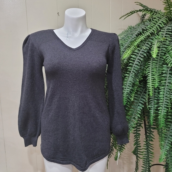 Syle&Co Cable Knit Gray Vneck Gigot Sleeve Sweater - Picture 1 of 10